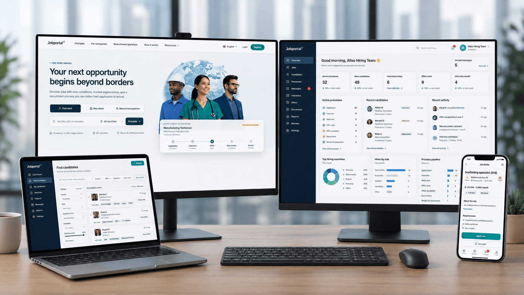 Jobportal interface for international recruitment opportunities and candidate progress