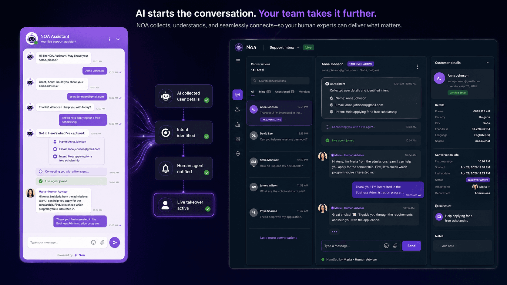 Работно пространство на NOA Hub, в което служител поема AI разговор на живо